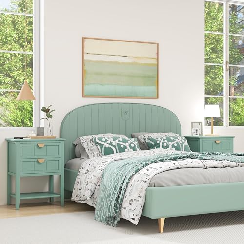 Small Nightstand End Table - Bedside Table with 2 Drawers, Wood Night Stand with Storage Shelf, Narrow End Tables for Bedroom (Green Set 1)