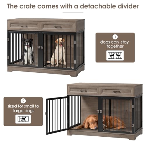 Dog Crate Furniture 47" Wooden Dog Kennels for Dogs Indoor with a Removable Divider for Large/Medium/Small Dogs, 2 Storage Drawers and Large Tabletop Dog Cages Double Doors Dog House, White