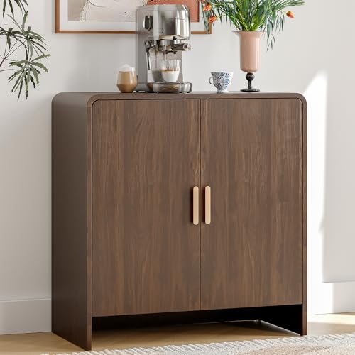 60" Sideboard Buffet Cabinet with Storage, Curved Design Farmhouse Coffee Bar Cabinet with 4 Doors & Adjustable Shelves for Living Room, Kitchen, Hallway, Walnut