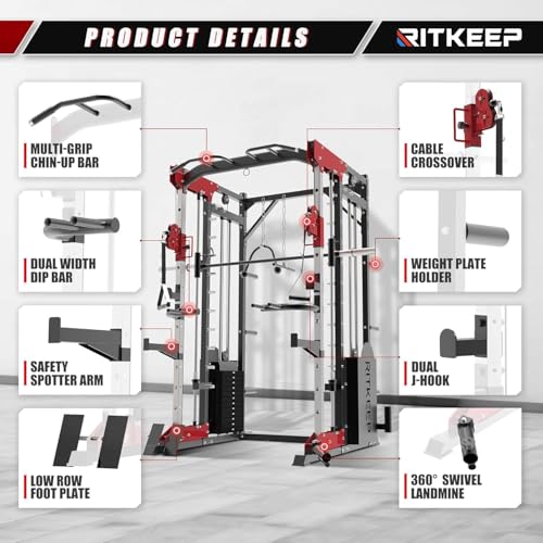 Smith Machine,RitKeep PMAX 5600 Pro,All-in-One Home Gym Equipment Featuring 2200lb Load Capacity and 320lb Weight Stack,Includes T-Bar Row,LAT Pulldown Bar,and More Attachment,for Home Gym Use
