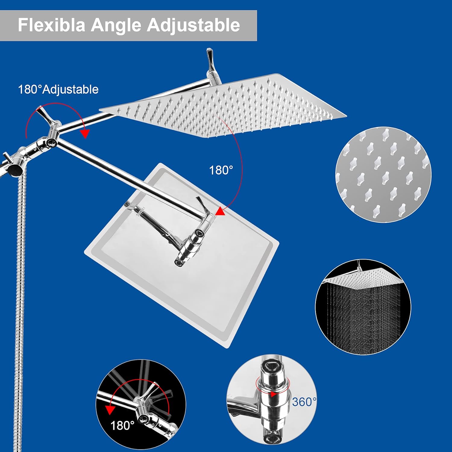 12 Inch Square Rain Shower Head with Handheld Shower Combo, High-Pressure Rainfall Shower Head with 13.5" Extension Arm, 6-Setting Handheld Showerhead with Hose & Holder (12") Pack of 2