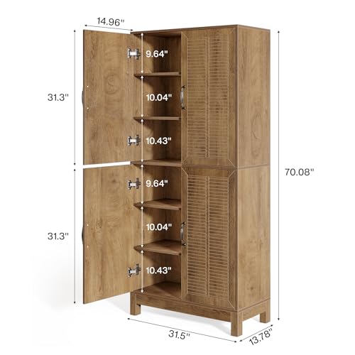 Tribesigns 70" Tall Kitchen Pantry Cabinet with Adjustable Shelves, Farmhouse 6-Tier Storage Cabinet with Doors and Shelves, Freestanding Bookcase for Living Room, Rustic Brown