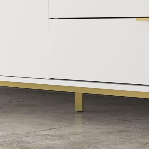 MOUMON Sideboard Storage Cabinet with Drawers and Doors, Credenza Sideboard Buffet, Gold Metal Frame Legs, for Kitchen Hallway White (62.9”W x 15.7”D x 27.5”H)
