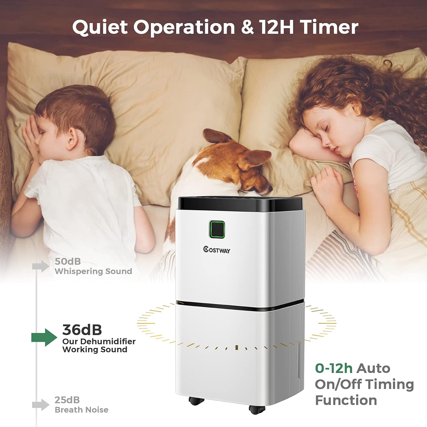COSTWAY 1500 Sq. Ft Dehumidifier for Home & Medium Spaces, Portable 24 Pints Dehumidifier w/ 3 Color LED Light, 3 Modes, 2 Speeds, 12H Timer, Auto or Manual Drainage, 0.5 Gallon Water Tank & 4 Wheels