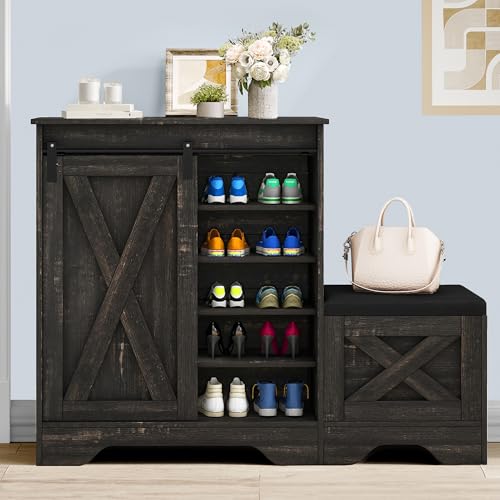 DWVO Farmhouse Shoe Cabinet with Sliding Door & Shoe Bench, 5-Tier Shoe Storage Cabinet with Adjustable Shelves for 20 Pairs, Narrow Shoe Cabinet for Entryway, Hallway, Living Room (Dark Rustic Oak)
