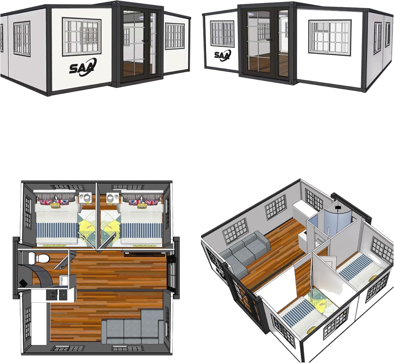 SAA Tiny Expandable Prefab House to Live in 1 Bathroom, 2 Rooms & 1 Kitchen- Foldable House, Container Home, Portable House, Tiny House for Small Family, Modular Guest House – 19 x 20 FT