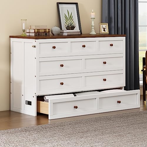 Murphy Bed Cabinet Queen Size with Bookcase and Drawer Bedside Shelves Combo/Charging Station,Space-Saving Foldable Murphy Chest Cube Bed-White