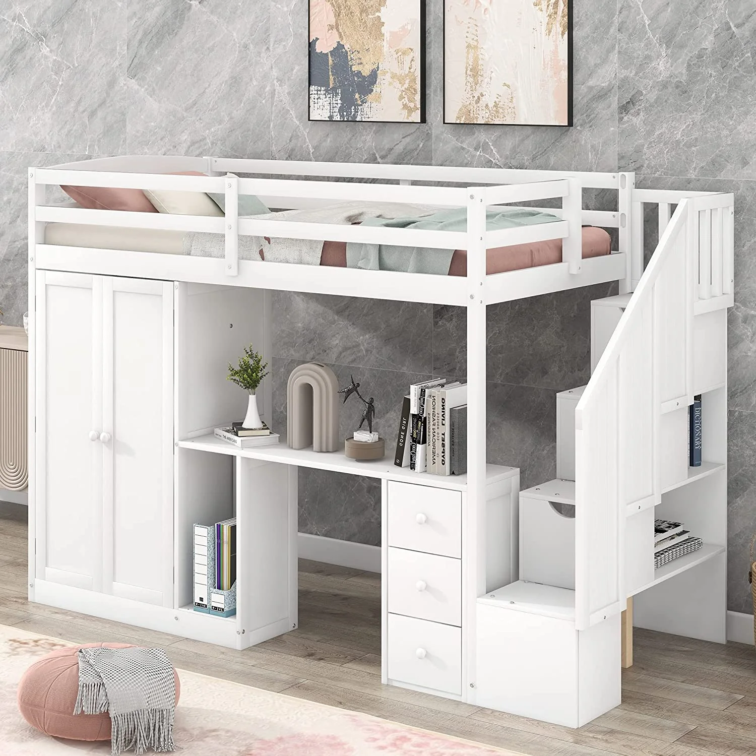 Loft Bed With Stairs And Wardrobe, Solid Wood Loft Bed Frame With Desk And Storage Drawers, Cabinet, For Kids Teens Adults ( Size, White)