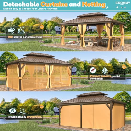 EROMMY 14'x20' Hardtop Gazebo Double Roof Galvanized Steel Canopy Outdoor Aluminum Frame Permanent Metal Pavilion with Netting and Curtains for Patio Backyard Deck and Lawns