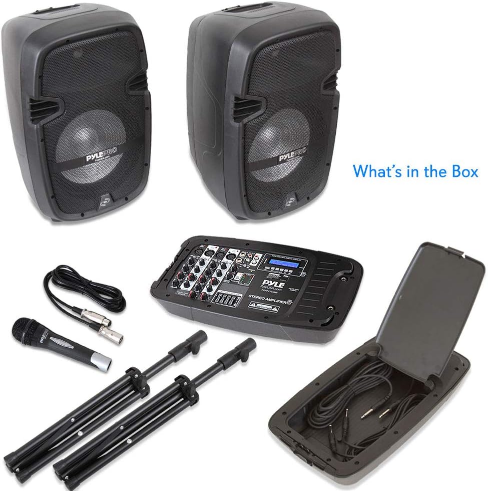 PA Speaker DJ Mixer Bundle - Portable Wireless Bluetooth Sound System w/ USB SD XLR 1/4 RCA Inputs, LED Lights - Dual Speaker, Mixer, Microphone, Stand, Cable - Home/Outdoor- Pyle PPHP210AMX,Black