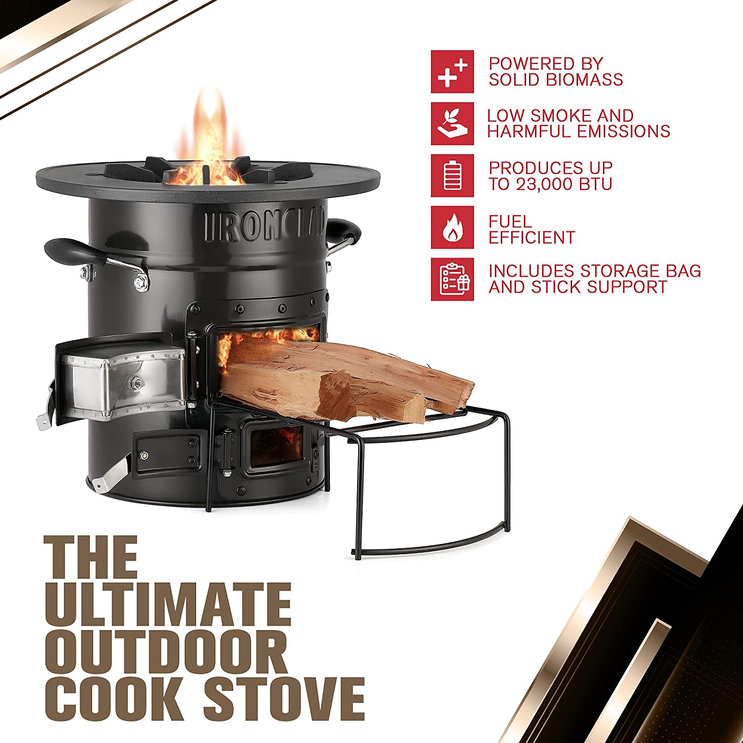 Rocket Stove – Camping Wood Stove for Emergency Preparedness, Survival, Off Grid Living Supplies – Portable Wood Burning Stove with Canvas Storage Bag and Fuel Support System