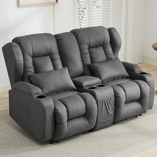 65" Loveseat Recliner Reclining Loveseat with Console - Comfy Manual RV Recliner Loveseat Sofa Couch Home Theater Seating with Pillows, Cup Holders - Recliner Chair for Living Room RV Furniture