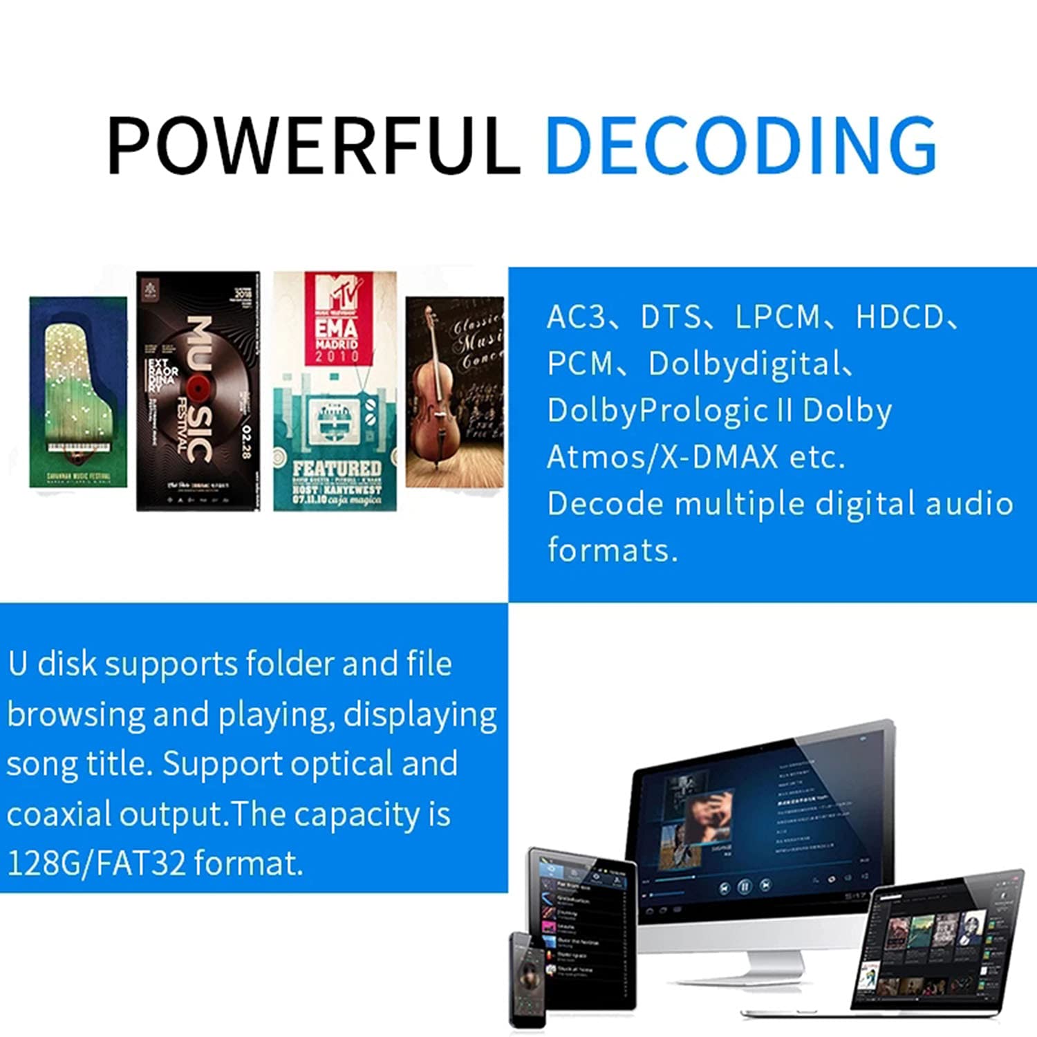 5.1 decoder Separator for DTS AC3,Digital Analog Audio Video System with BT-5.0 Receiver HDMI 4K 3D,Coaxial,Optical Fiber,AUX,U Disk,PC-USB Input,192Khz/24Bit for Home Theater Game Music