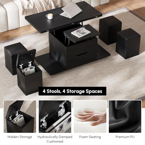 homary Black Lift-Top Coffee Table with Hidden Storage, 3-in-1 Modern Folding Center Table with 4 Stools, Casters, and Lockable Wheels – Convertible Dining & Office Table for Living Room