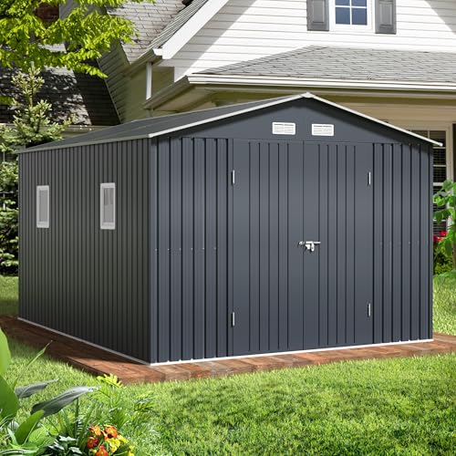 Outdoor Storage Shed 10 x 12ft. Utility Tool Shed Metal Storage Garden Shed with Lockable Doors, Windows & Metal Frame Floor for Patio Storage,Brown