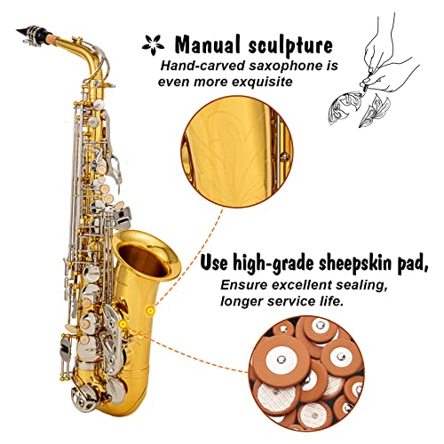Black/gold keys E Flat Alto Saxophone Brass Engraved Eb E-Flat Natural White Shell Button Wind Instrument with Case Belt Brush (Black/gold keys)