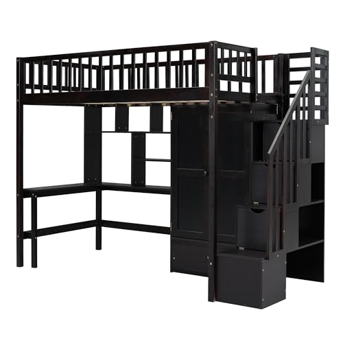 Full Size Loft Bed with Wardrobe Desk Storage Stairs, Wood Loft Bed Frame with Bookcase and Drawers, High Loft Bedframe for Kids Teens Adults, No Box Spring Needed, Espresso