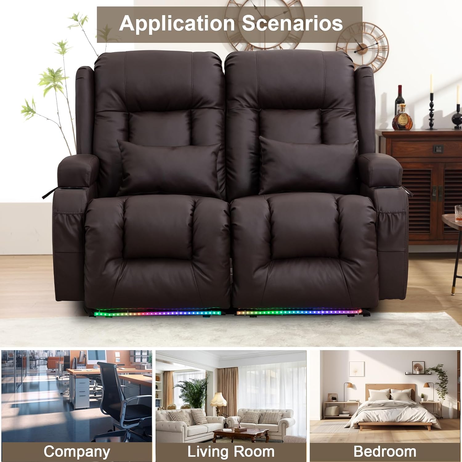 Home Theater Seating, Faux Leather Power Recliner Chair with Massage& Heat, RV Loveseat Sofa Theater Seats with LED Lights/Lumbar Pillow/Cup Holders/Side Pockets (Brown)