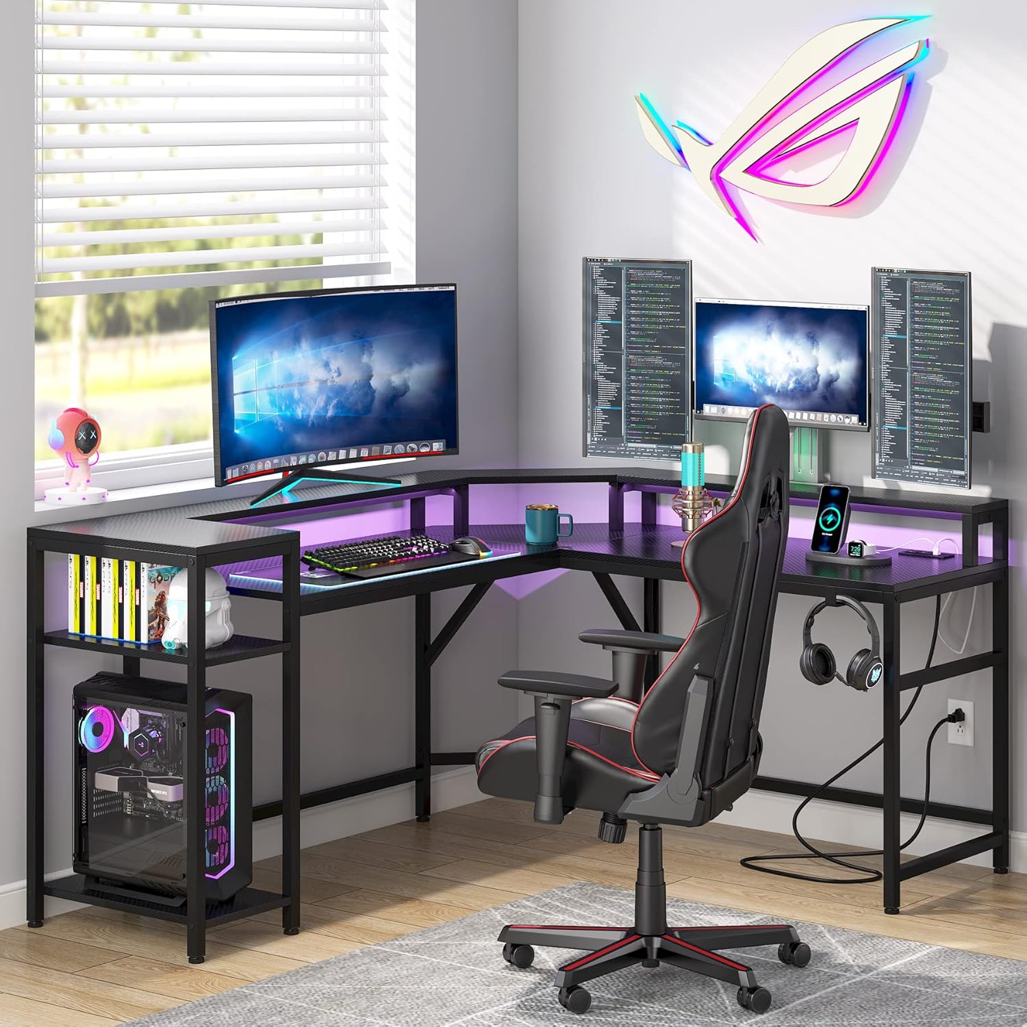 L Shaped Gaming Desk: Computer Desk with Power Outlet & LED Stripe, Modern Coner L Desk with Storage Shelves for Home Office - Black