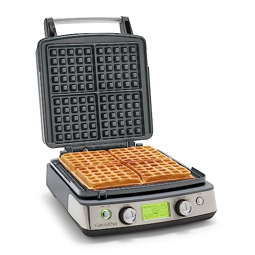 GreenPan Elite 4-Square Belgian & Classic Waffle Iron, Healthy Ceramic Nonstick Aluminum Dishwasher Safe Plates, Adjustable Shade/Crunch Controls, Wont Overflow, Easy Cleanup Breakfast, Cream White