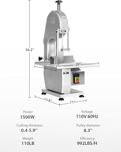 1500W Electric Bone Saw Machine, 0.8-5.9 Inch Cutting Thickness,2.6HP Frozen Meat Cutter 110V Commercial Bandsaw Machine, 20x15in Table Sawing for Chicken Fish Trotter Beef, Equipped with 6 Saw Blades