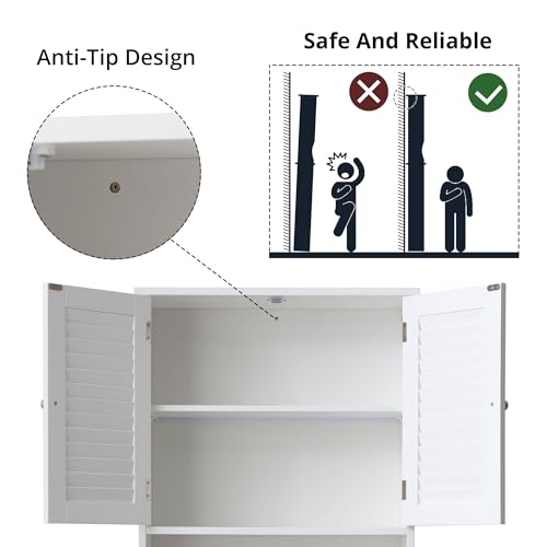 Over The Toilet Storage Cabinet, 3-Tier Freestanding Organizer, Bathroom Storage Cabinet Organize,Adjustable Shelves, Double Doors, Space-Saving for Bathroom, 23 * 67 inches, White