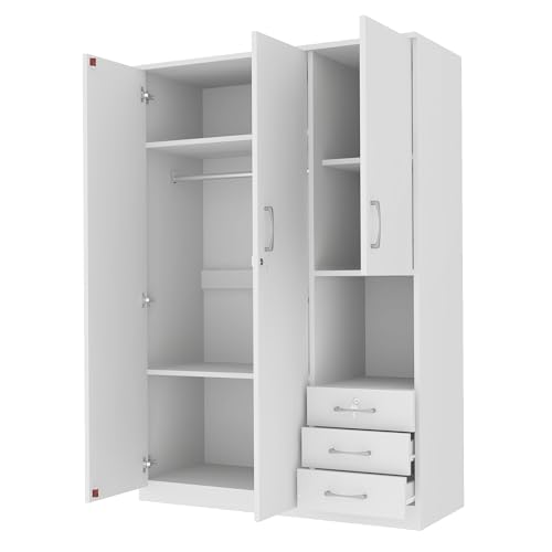 LZ LEISURE ZONE Wardrobe Closet Storage Cabinet with Lockable Doors, Large Wooden Armoire Wardrobe Closet with 3 Drawers, Hanging Rod and Shelves, Bedroom Armoires Wardrobe Clothes Organizer, White