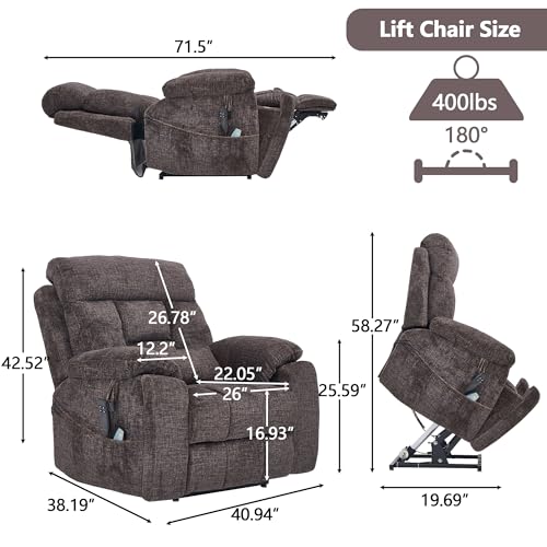 Power Lift Chair Lay Flat Recliner Infinite Position Electric Dual Motor Stand Up Lift Chair with Massage and Heat for Adults,Heavy Duty Recliners with 2 Remote Controls and Two Cup Holders