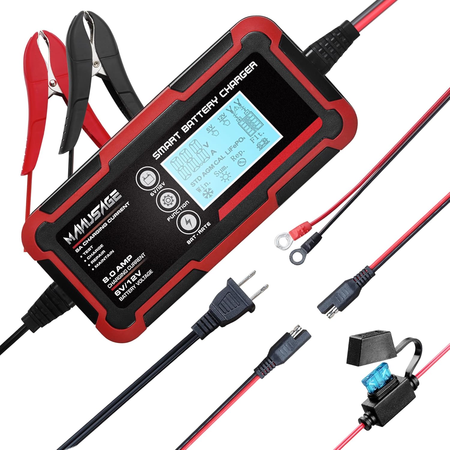 Manusage 8-Amp Fully-Automatic Smart Charger, 6V and 12V Portable Battery Charger, Battery Maintainer, Trickle Charger, and Battery Desulfator with Temperature Compensation