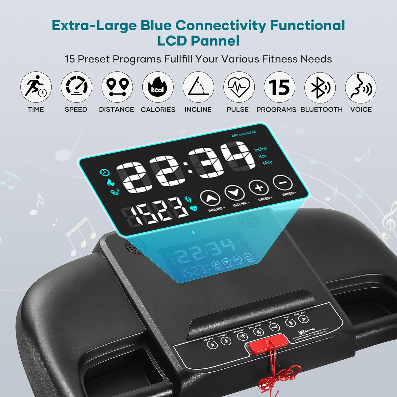 Treadmill with 15% Auto Incline 17.5'' Foldable Treadmill with Bluetooth Speaker Control Treadmill with Incline 5 Pre-Set Training Programs LCD Monitor 8.5 MPH Treadmills for Home Office Gym Use