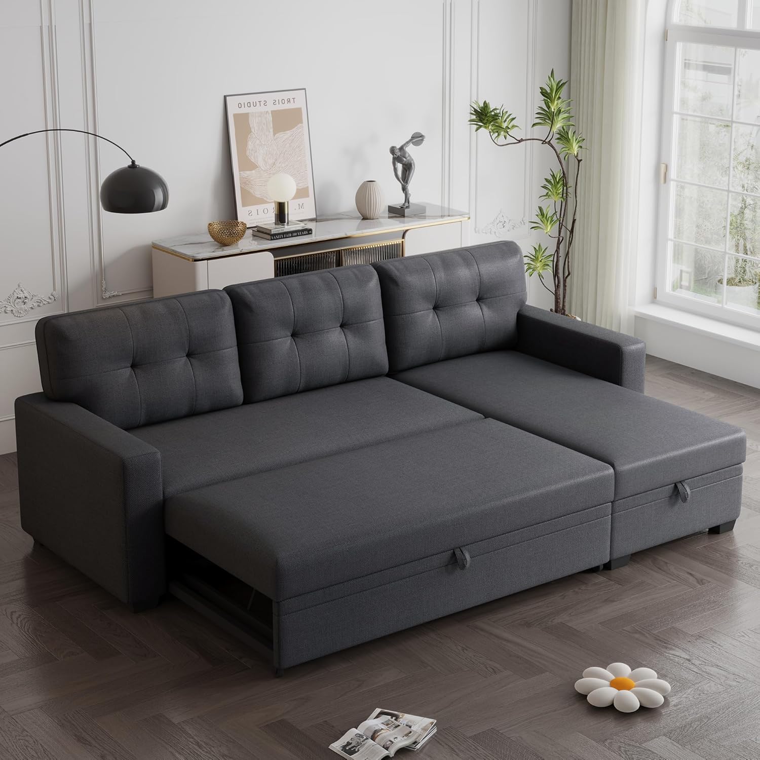 82" Upholstered Pull Out Sofa Bed with Storage Chaise,Linen Reversible Couch W/Tufted Backrest,3 Seater Sectional Sleeper for Living Room Apartment Office,Dark Gray