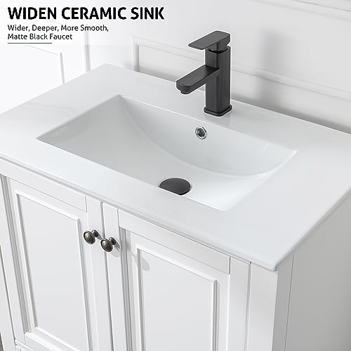 eclife 30" Bathroom Vanity Sink Combo Vintage Style with Painted Solid Wood Construction, Undermount Ceramic Sink W/Matte Black Faucet & Drain, Pure White