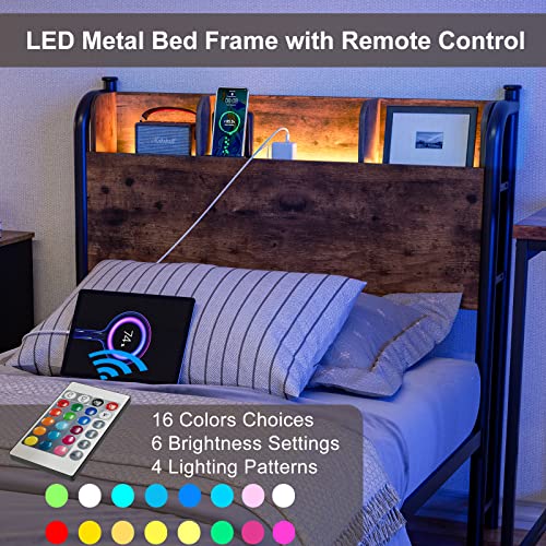 Queen Bed Frame with LED Lights and Charging Station, Queen Platform Bed with Storage Shelf Headboard, Strong Metal Slats Support, No Box Spring Needed, Noise Free, Easy Assembly - Black