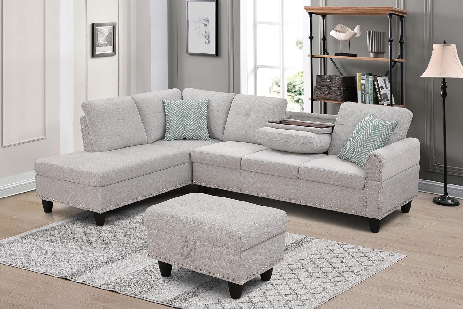 98" Left Hand Facing Sofa & Chaise with Storage Ottoman and Rounded Arms, L-Shaped Upholstered Corner Couch w/Cup Holders & 2 Toss Pillows for Living Room, Office, Apartment, Light Gray
