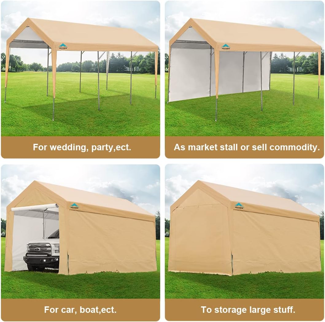 ADVANCE OUTDOOR Adjustable 10x20 ft Heavy Duty Carport Car Canopy Garage Shelter Boat Party Tent, Adjustable Heights from 9.5ft to 11.0ft, Removable Sidewalls and Doors, Beige