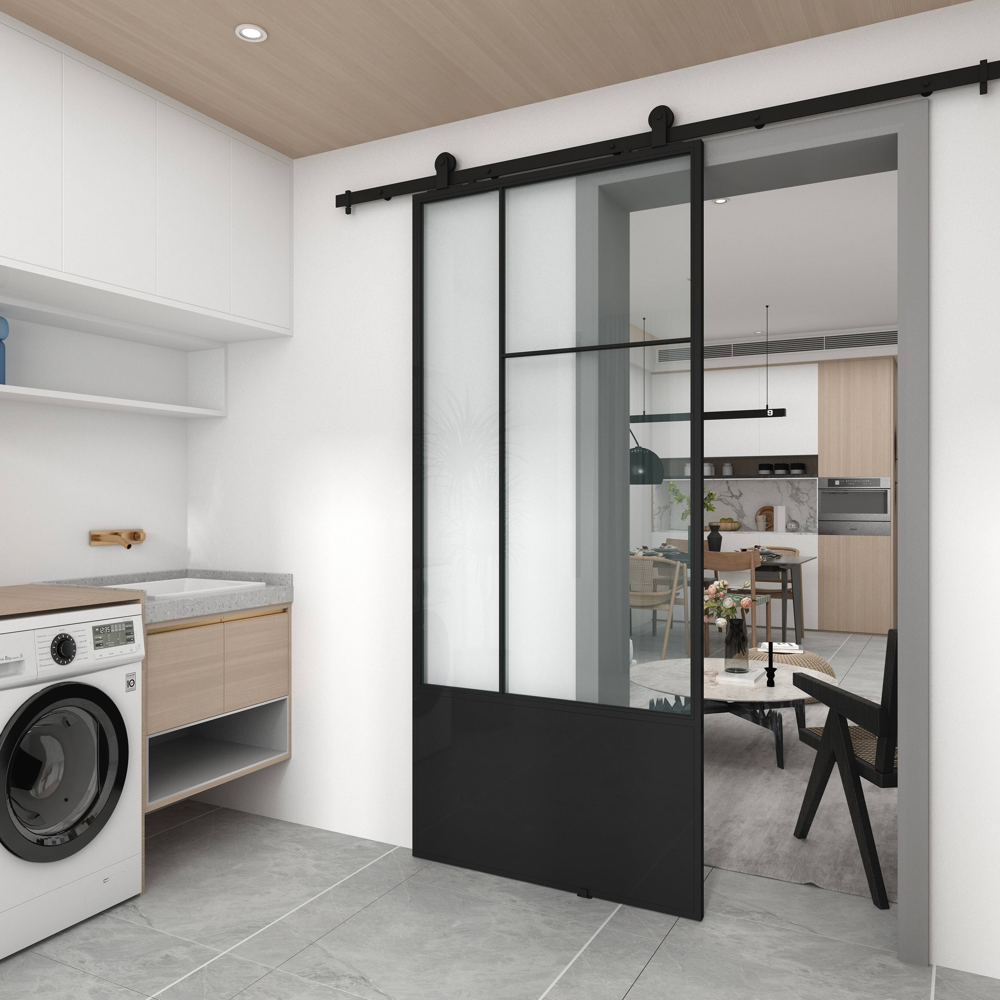 Colonial Elegance Cicero 37 in. x 84 in. 3/4 Lite Clear Glass Black Metal Finish Sliding Barn Door with Hardware Kit