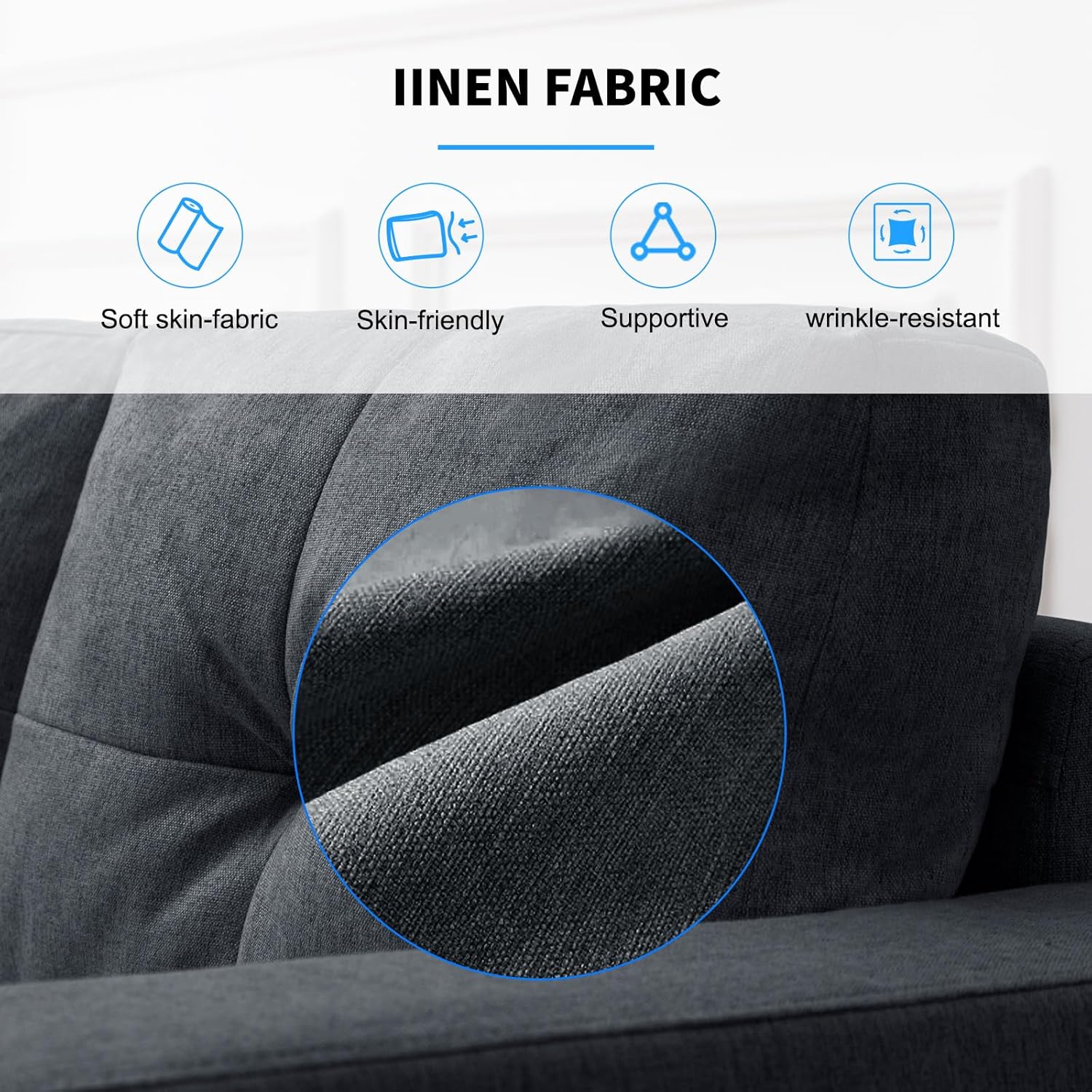 Convertible L Shaped Sofa with Ottoman, Linen Reversible Sectional Sofa with 2 Cup Holders, Modern L-Shape Couch 4 Seat Sectional Couches for Living Room Apartment - Dark Grey