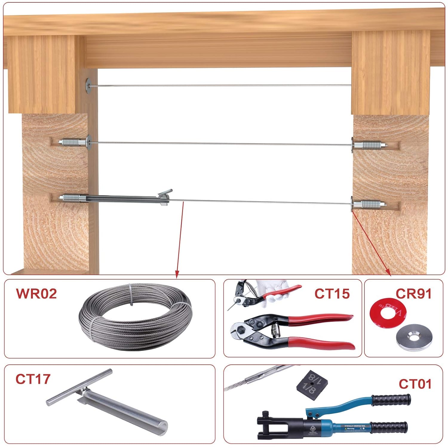 Muzata 40Pack 3/16" Invisible Cable Railing Kit Swage Lag Screw Tensioner CableGenie System Completely Hidden for Wire Rope Wood Posts T316 Stainless Steel 20 Cable Line CR99, CV1 CG1