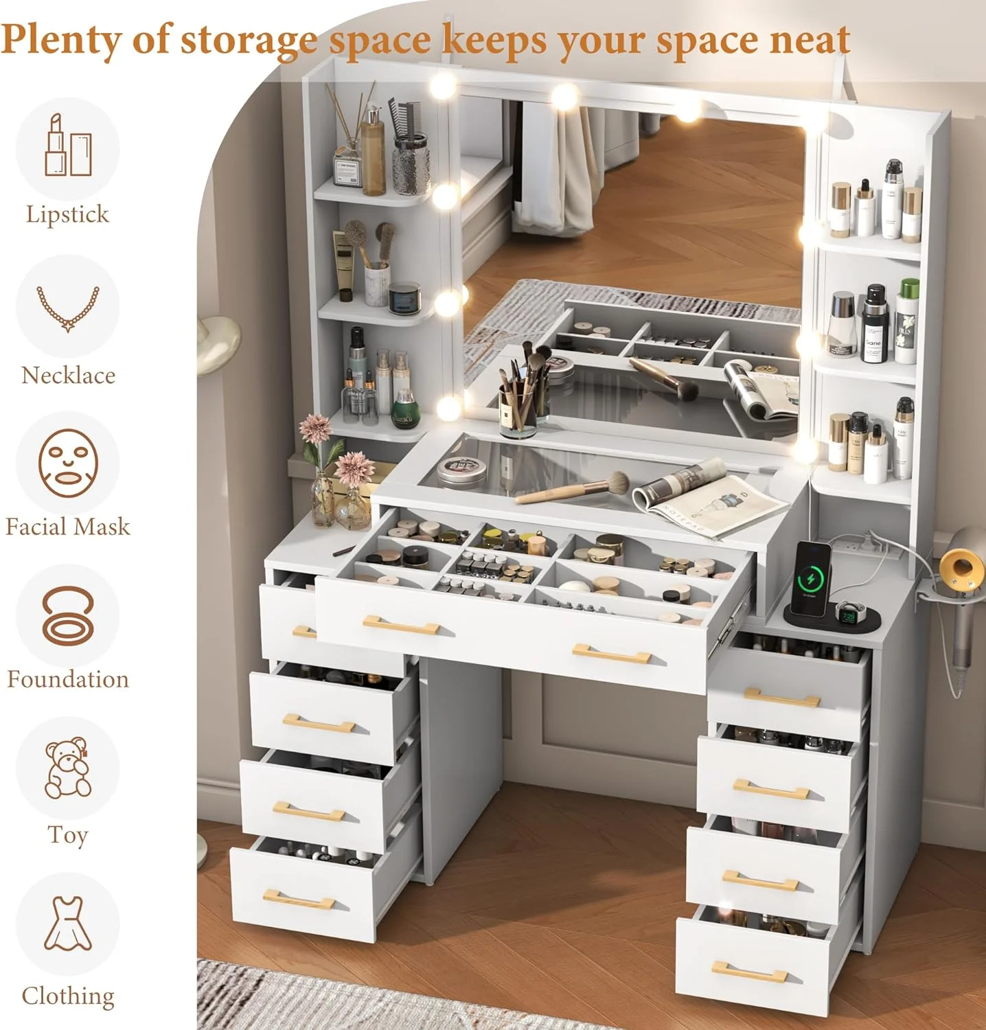 White Vanity Desk with Mirror & LED Lights, Glass Top Vanity Desk with Charging Station & Compartment Storage Drawers, 43" Large Makeup Vanity Table with 9 Drawers & 6 Shelves(White)