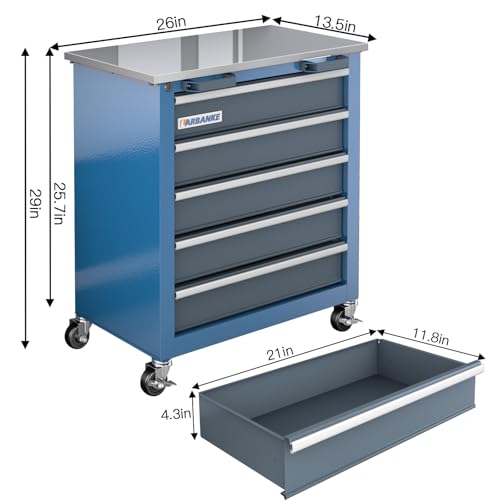 5-Drawer Tool Chest,Rolling Tool Chest on Wheels,Rollin Tool Cabinet with Locking System and Stainless Top, Tool Box with Drawer Liners,Special Link Buckle for Connecting Each Other