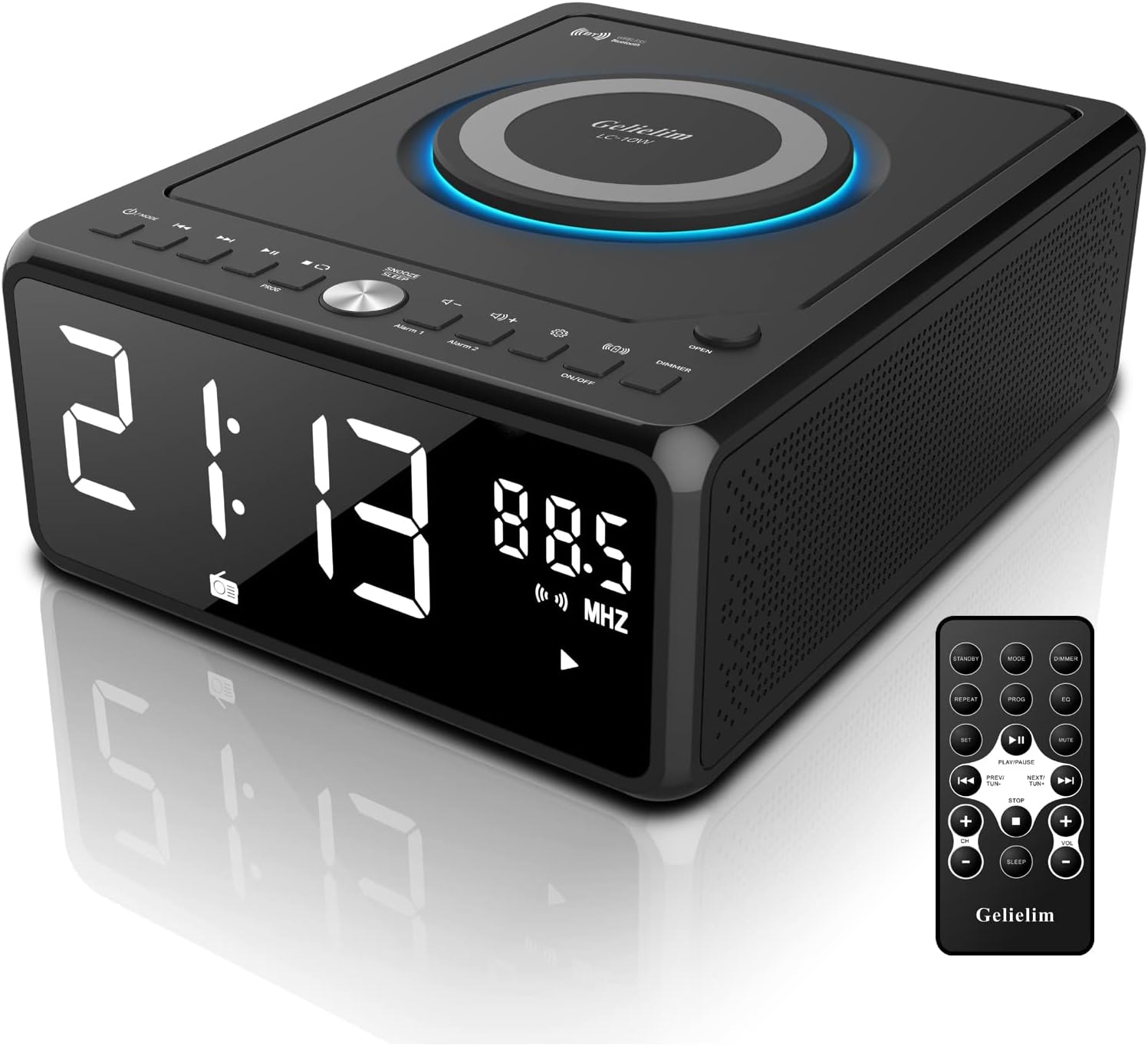 CD Player Boombox with Remote, Dual Alarm Clock Radio, Wireless Charger, Bluetooth Digital FM Radio, MP3/USB Music Player, Snooze & Sleep Timer, Dimmable Mirror LED Display,Black