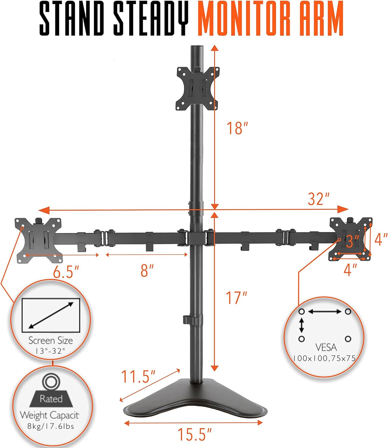 Stand Steady Freestanding 3 Monitor Mount Desk Stand | Height Adjustable Triple Monitor Stand with Full Articulation VESA Mounts | Fits Most LCD/LED Monitors 13-32 Inches | Easy Set-Up 3 Monitor Arm Pack of 2