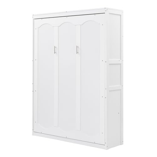 Queen Size Murphy Bed with 2-Tier Cabinet, Foldable Wall Bed w/Storage Shelves, Flexible Slats Mattress Support, Space-Saving Design, Easy Assemble