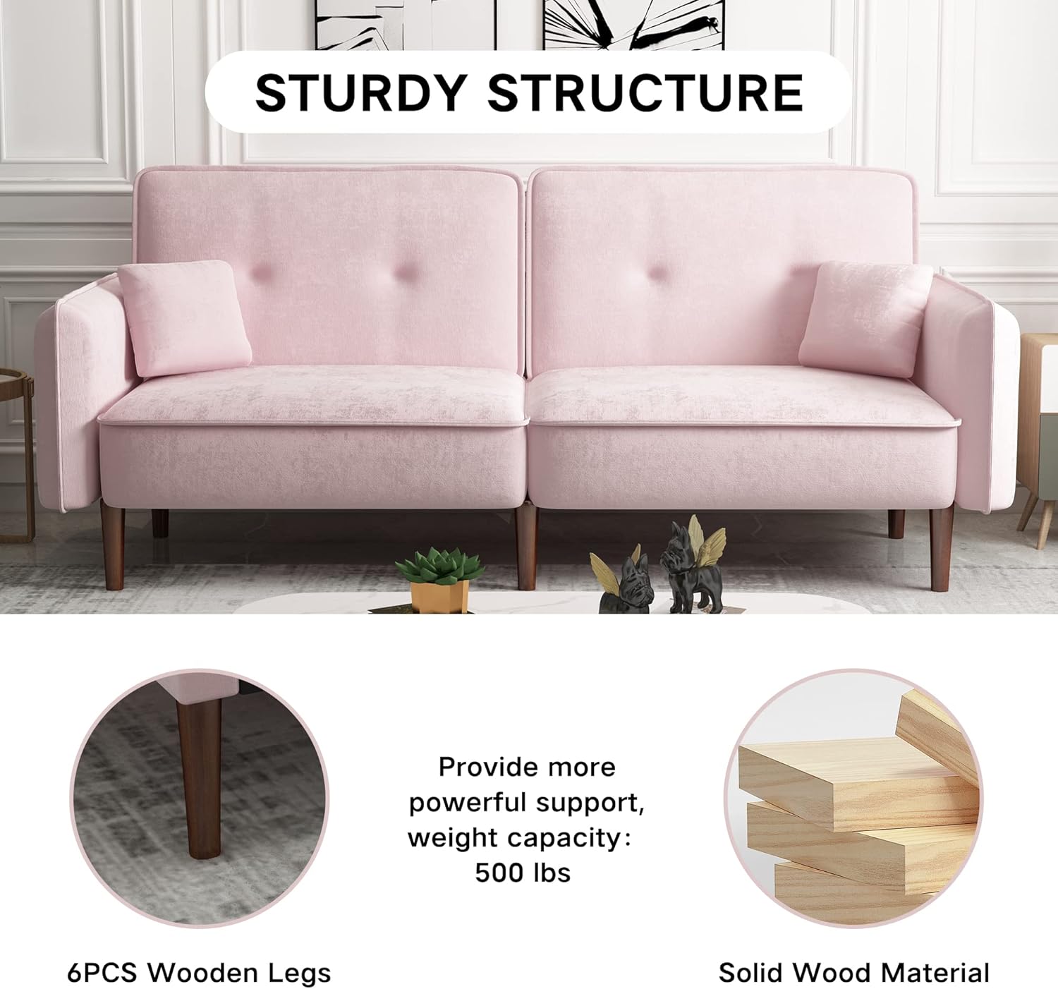 WILLIAMSPACE Futon Sofa Bed, Velvet Convertible Sleeper Sofa with Magazine Bag, Small Splitback Sofa with Tapered Solid Wood Leg, Padded Seat and Back, Loveseat Couch for Living Room, Pink