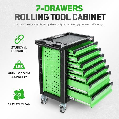 DNA MOTORING 7-Drawer Rolling Tool Cabinet Chest with Keyed Locking System Non-Slip Mat, for Garage Warehouse Workshop, Green, TOOLS-00399