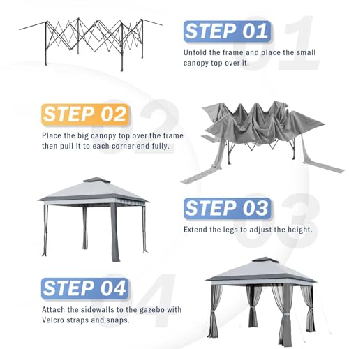 UDPATIO 13'x13' Gazebo for Patio, Pop up Gazebo Canopy Tent, Outdoor Patio Waterproof Gazebo with Mosquito Netting for Lawn, Garden, Backyard and Deck, Grey