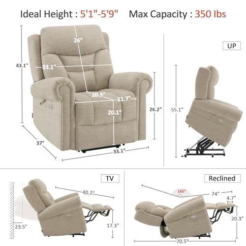 MCombo Triple Motor Power Lift Recliner Chair with Massage and Lumbar&seat Heating, Rolled Arms, Adjustable Headrest for Elderly People, Fabric 7888 (Coffee, Medium)