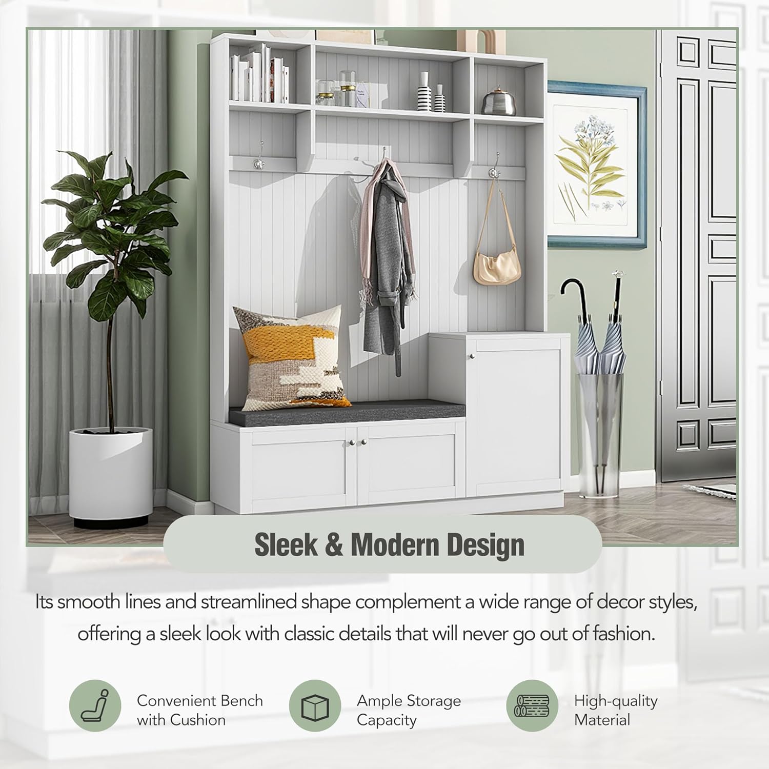 Entryway Hall Tree with Cushion Bench, Shoe Storage Cabinets, 3 Shelves and Hooks, 4-in-1 Elegant Design Coat Rack for Hallway, White