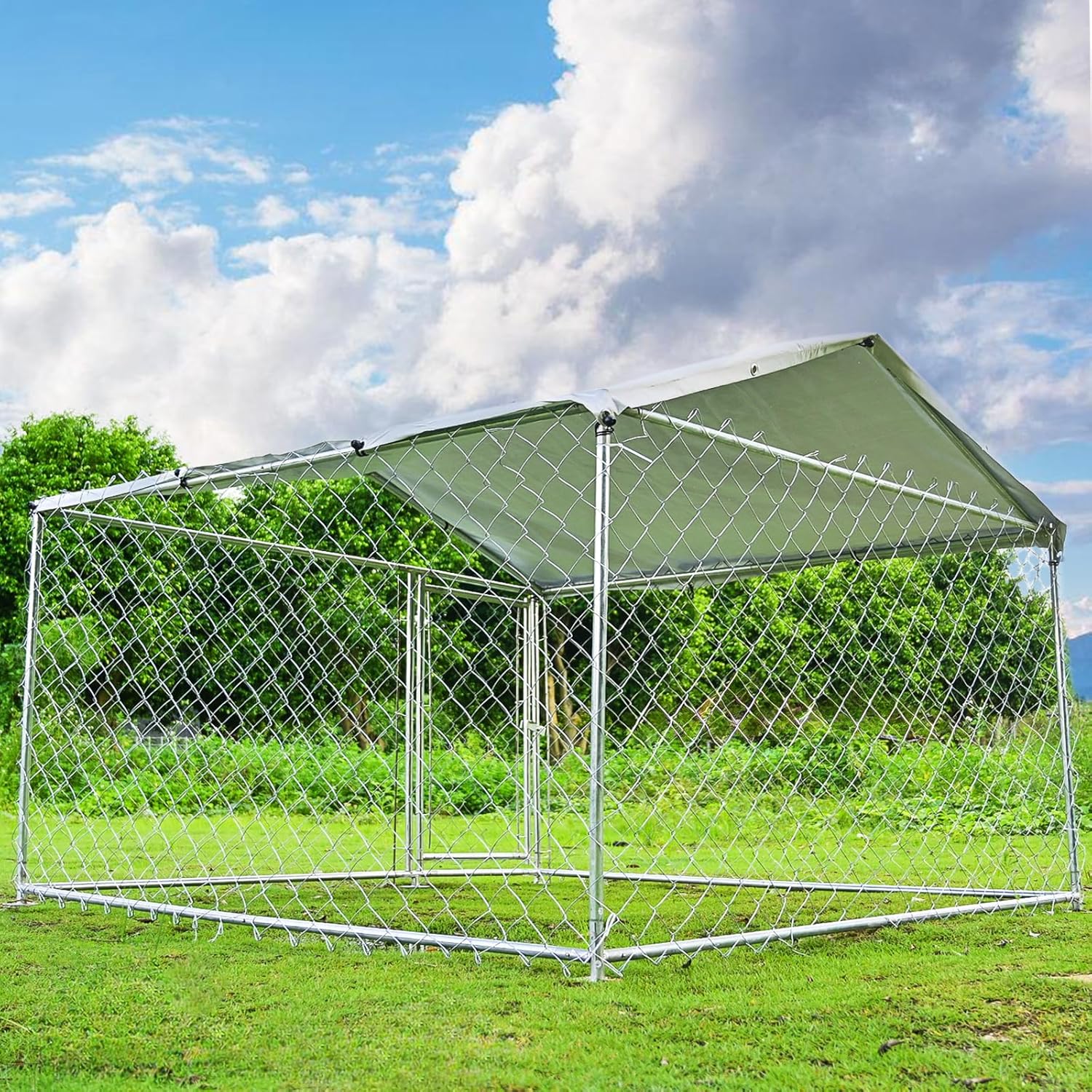 Outdoor Dog Kennel Heavy Duty Dog Cage with Waterproof Roof UV-Resistant Cover Anti-Rust Metal Mesh Fence and Lockable Door Chain Link Dog Exercise Pen Run for Dogs, 6.5x6.5x5 ft