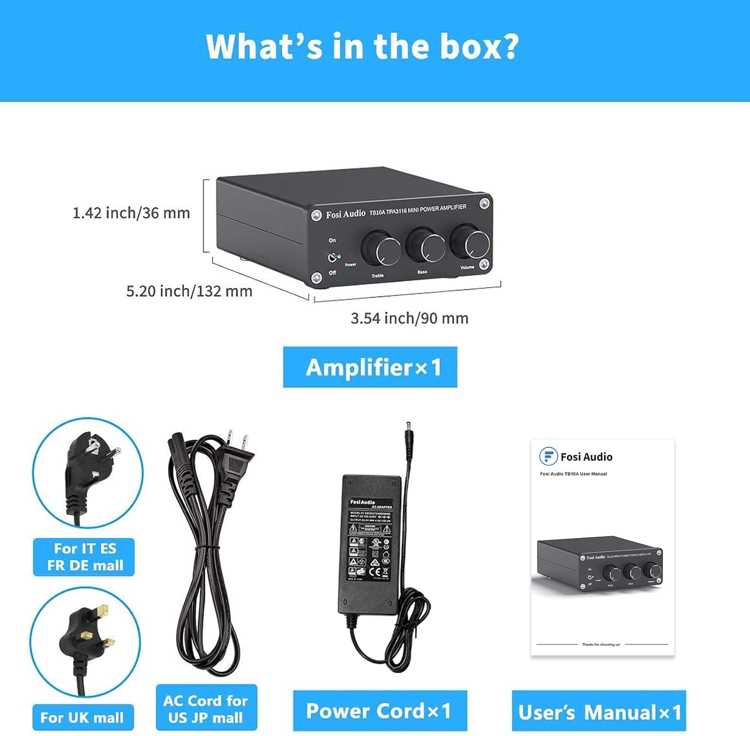 Fosi Audio TB10A 2 Channel Stereo Audio Amplifier Receiver Mini Hi-Fi Class D Integrated Amp 2.0CH for Home Speakers 100W x 2 with Bass and Treble Control TPA3116(with Power Supply) Pack of 2